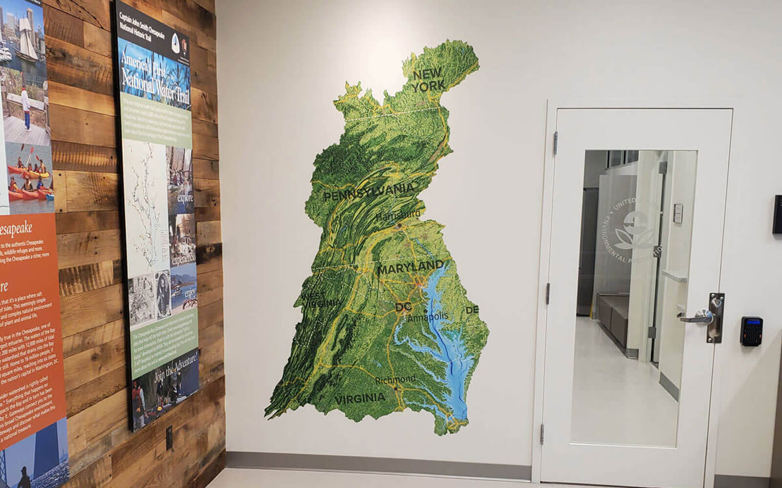 Chesapeake Bay Watershed wall decal in the office reception area